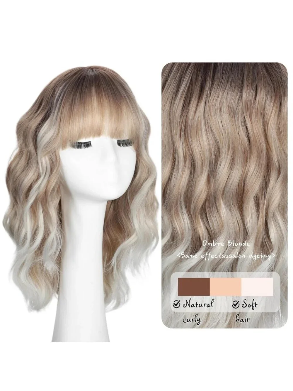 Women's Ombre Blonde 16 Inch Wavy Wig With Bangs Shoulder Length Synthetic Hair